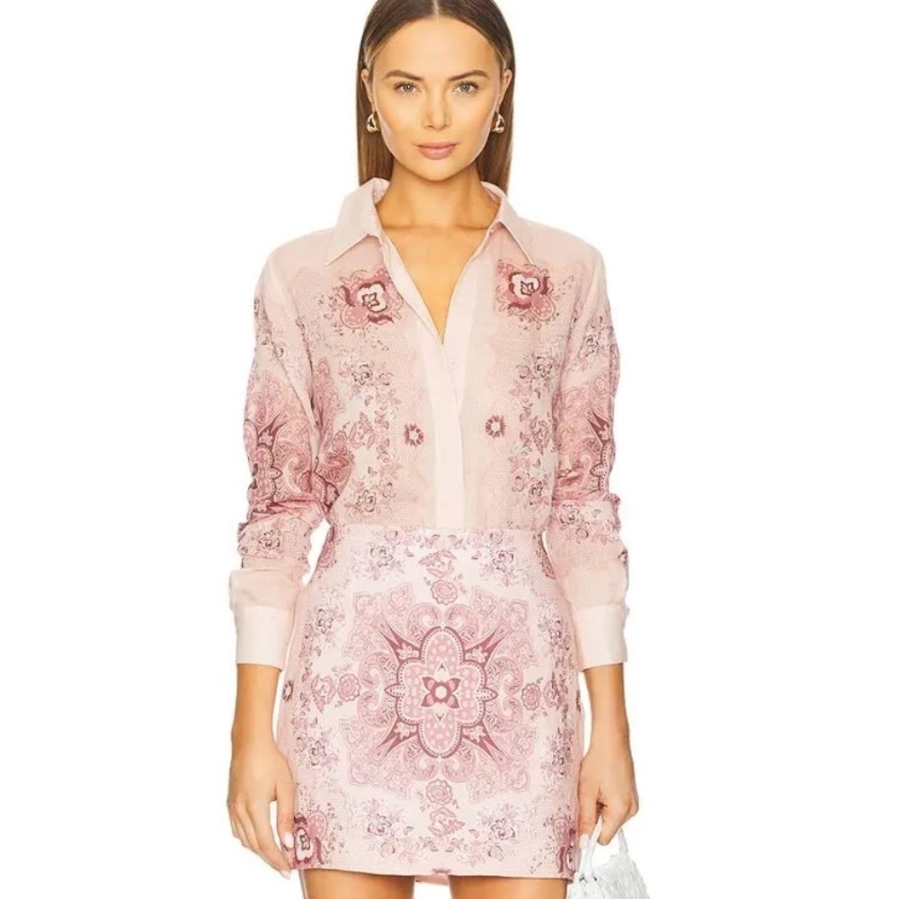 KARINA GRIMALDI Antoinette Print Blouse pink linen button down Revolve XS